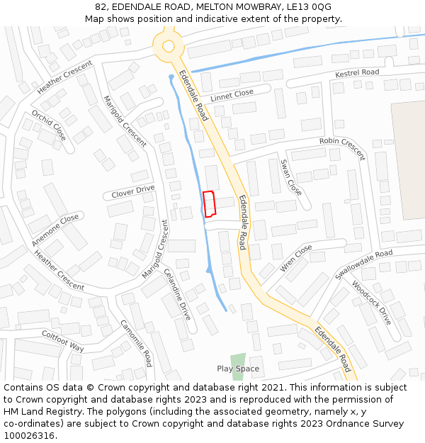 82, EDENDALE ROAD, MELTON MOWBRAY, LE13 0QG: Location map and indicative extent of plot