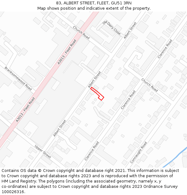 83, ALBERT STREET, FLEET, GU51 3RN: Location map and indicative extent of plot
