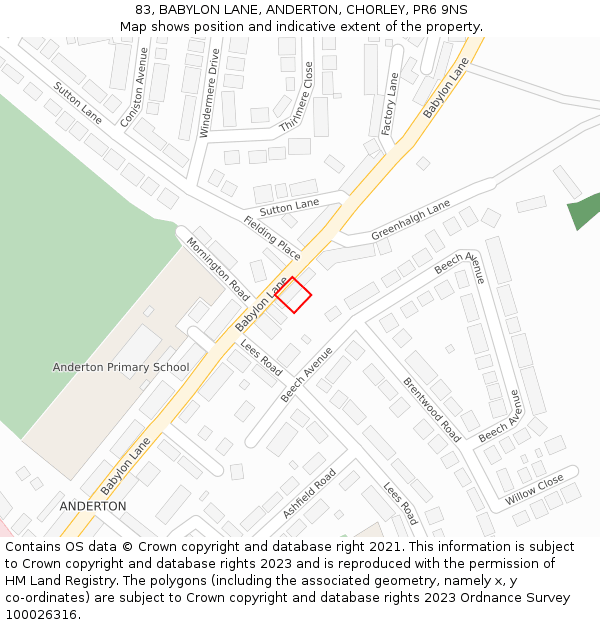 83, BABYLON LANE, ANDERTON, CHORLEY, PR6 9NS: Location map and indicative extent of plot