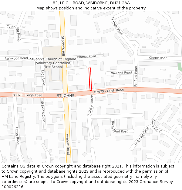 83, LEIGH ROAD, WIMBORNE, BH21 2AA: Location map and indicative extent of plot