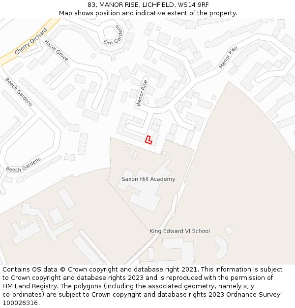 83, MANOR RISE, LICHFIELD, WS14 9RF: Location map and indicative extent of plot