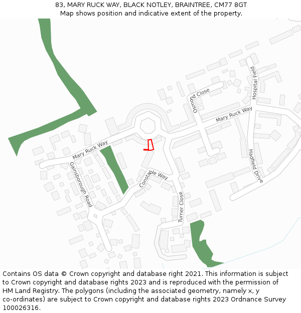 83, MARY RUCK WAY, BLACK NOTLEY, BRAINTREE, CM77 8GT: Location map and indicative extent of plot