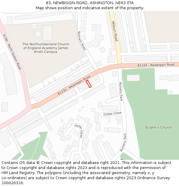 83, NEWBIGGIN ROAD, ASHINGTON, NE63 0TA: Location map and indicative extent of plot