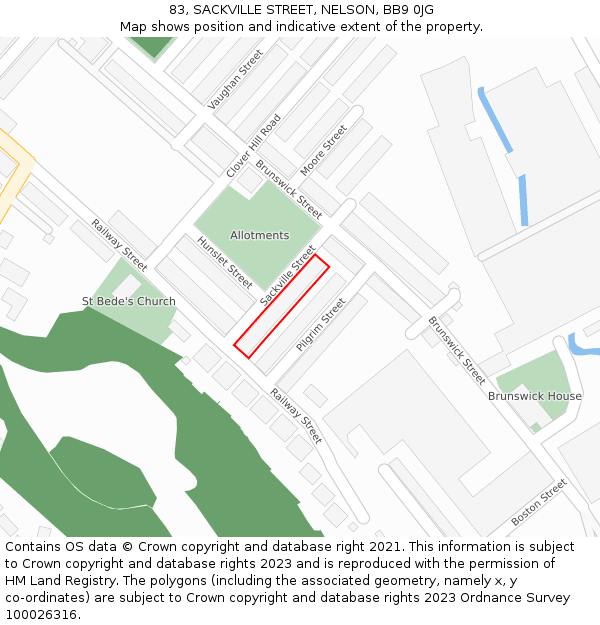 83, SACKVILLE STREET, NELSON, BB9 0JG: Location map and indicative extent of plot