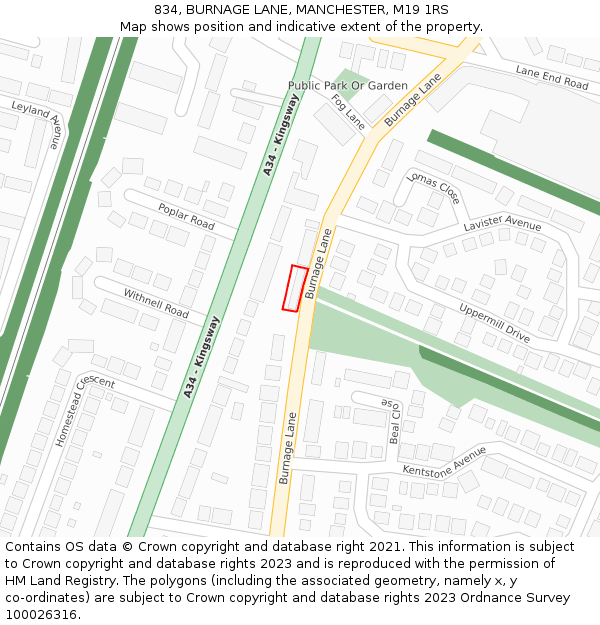 834, BURNAGE LANE, MANCHESTER, M19 1RS: Location map and indicative extent of plot
