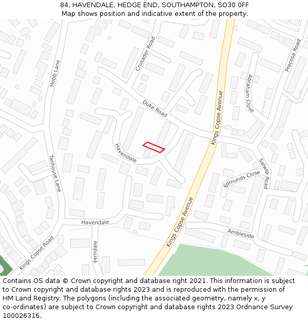 84, HAVENDALE, HEDGE END, SOUTHAMPTON, SO30 0FF: Location map and indicative extent of plot
