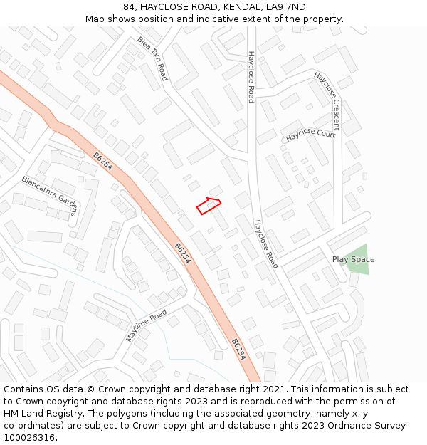 84, HAYCLOSE ROAD, KENDAL, LA9 7ND: Location map and indicative extent of plot