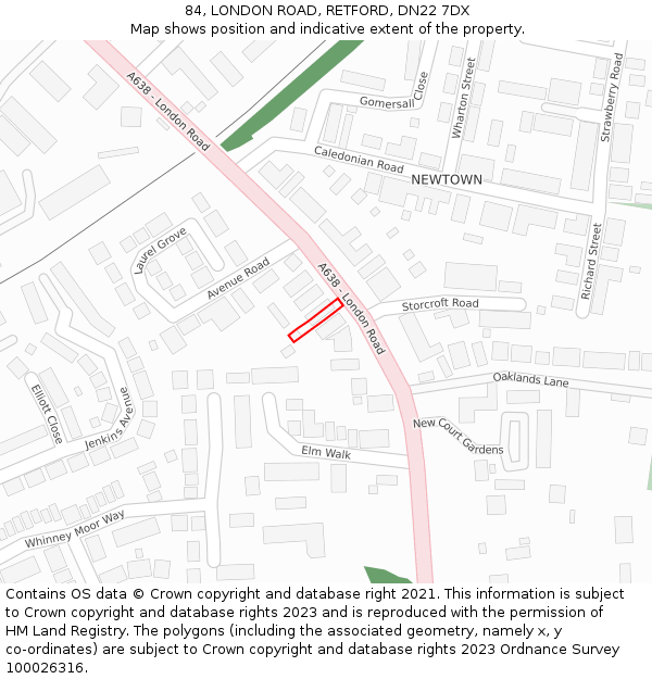 84, LONDON ROAD, RETFORD, DN22 7DX: Location map and indicative extent of plot