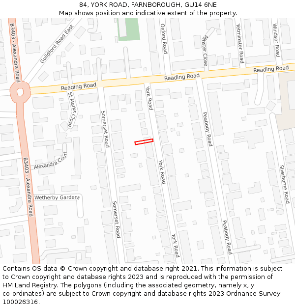 84, YORK ROAD, FARNBOROUGH, GU14 6NE: Location map and indicative extent of plot