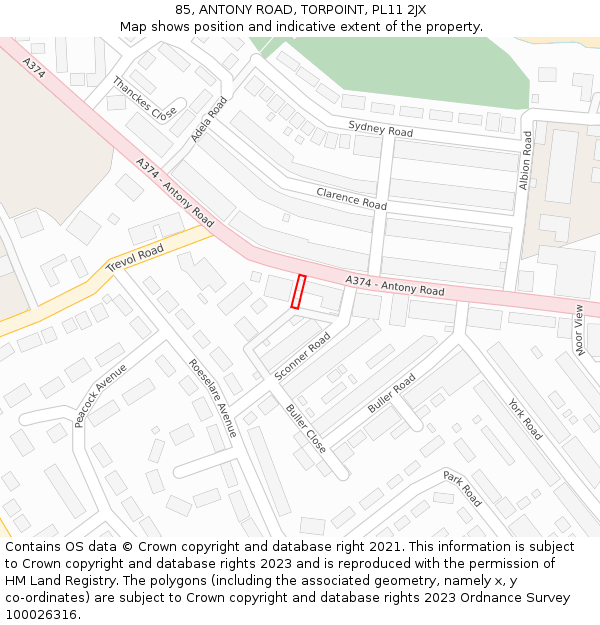 85, ANTONY ROAD, TORPOINT, PL11 2JX: Location map and indicative extent of plot