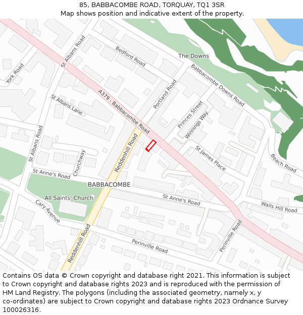 85, BABBACOMBE ROAD, TORQUAY, TQ1 3SR: Location map and indicative extent of plot