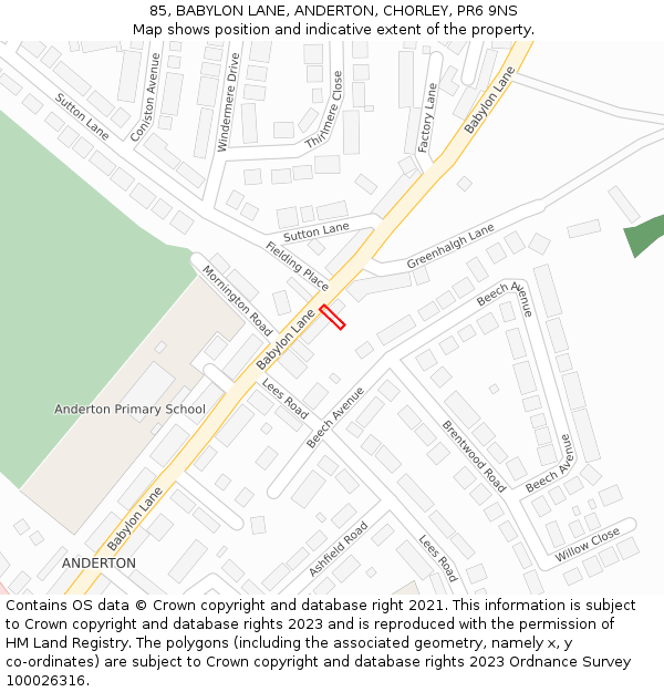 85, BABYLON LANE, ANDERTON, CHORLEY, PR6 9NS: Location map and indicative extent of plot