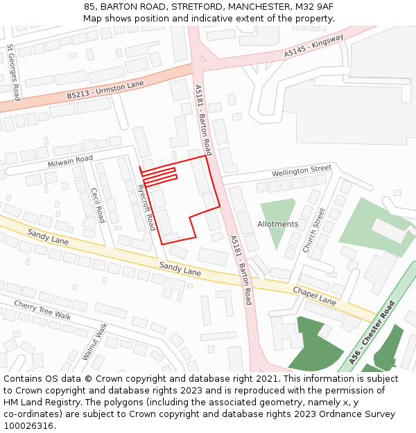85, BARTON ROAD, STRETFORD, MANCHESTER, M32 9AF: Location map and indicative extent of plot