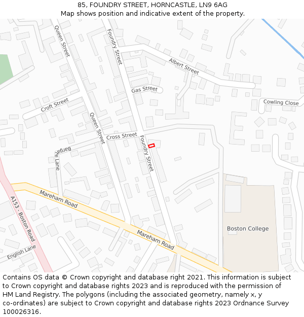 85, FOUNDRY STREET, HORNCASTLE, LN9 6AG: Location map and indicative extent of plot