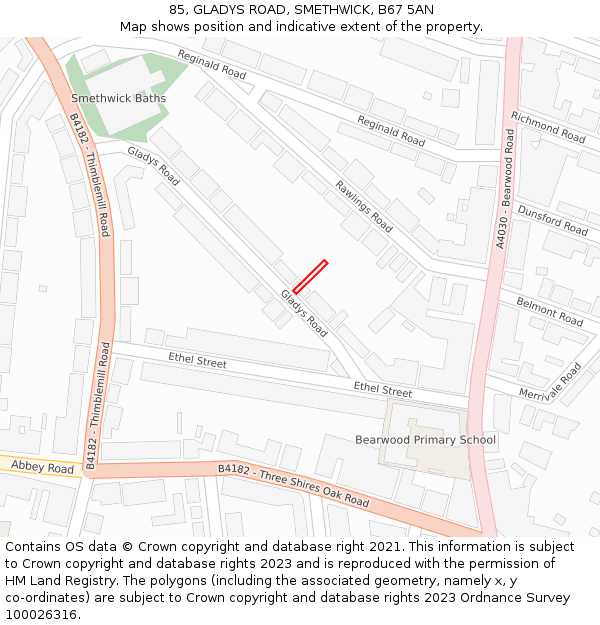 85, GLADYS ROAD, SMETHWICK, B67 5AN: Location map and indicative extent of plot