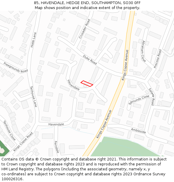 85, HAVENDALE, HEDGE END, SOUTHAMPTON, SO30 0FF: Location map and indicative extent of plot