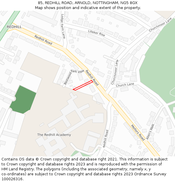 85, REDHILL ROAD, ARNOLD, NOTTINGHAM, NG5 8GX: Location map and indicative extent of plot