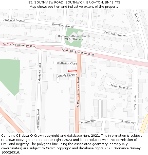 85, SOUTHVIEW ROAD, SOUTHWICK, BRIGHTON, BN42 4TS: Location map and indicative extent of plot