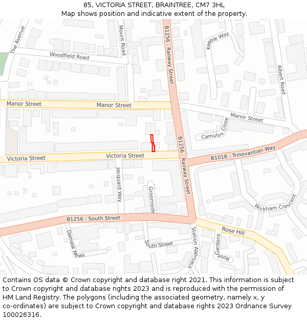 85, VICTORIA STREET, BRAINTREE, CM7 3HL: Location map and indicative extent of plot