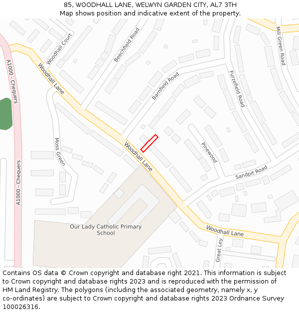 85, WOODHALL LANE, WELWYN GARDEN CITY, AL7 3TH: Location map and indicative extent of plot