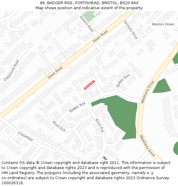 86, BADGER RISE, PORTISHEAD, BRISTOL, BS20 8AX: Location map and indicative extent of plot