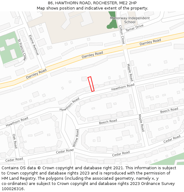86, HAWTHORN ROAD, ROCHESTER, ME2 2HP: Location map and indicative extent of plot
