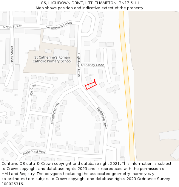 86, HIGHDOWN DRIVE, LITTLEHAMPTON, BN17 6HH: Location map and indicative extent of plot