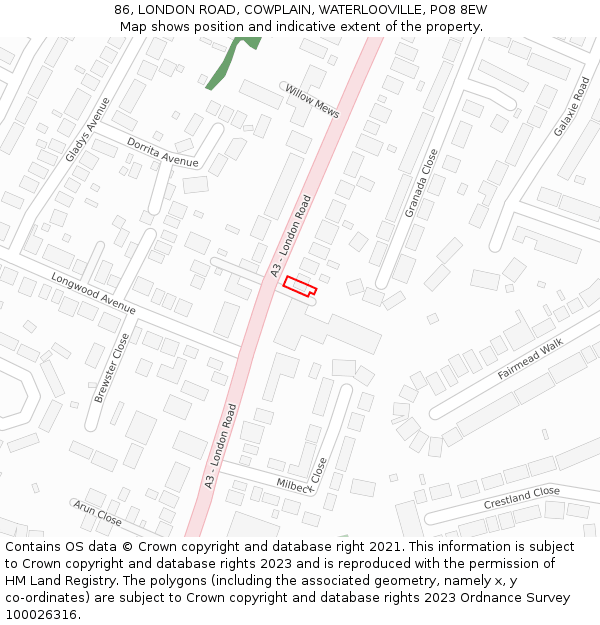 86, LONDON ROAD, COWPLAIN, WATERLOOVILLE, PO8 8EW: Location map and indicative extent of plot