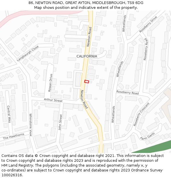 86, NEWTON ROAD, GREAT AYTON, MIDDLESBROUGH, TS9 6DG: Location map and indicative extent of plot