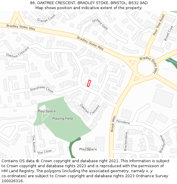 86, OAKTREE CRESCENT, BRADLEY STOKE, BRISTOL, BS32 9AD: Location map and indicative extent of plot