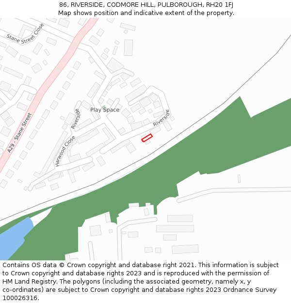 86, RIVERSIDE, CODMORE HILL, PULBOROUGH, RH20 1FJ: Location map and indicative extent of plot