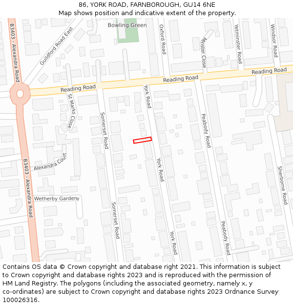 86, YORK ROAD, FARNBOROUGH, GU14 6NE: Location map and indicative extent of plot