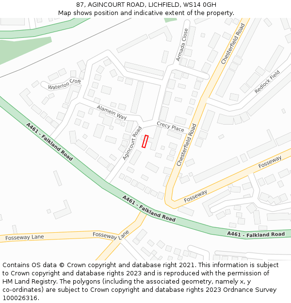 87, AGINCOURT ROAD, LICHFIELD, WS14 0GH: Location map and indicative extent of plot