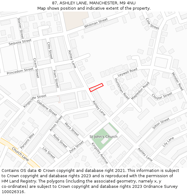 87, ASHLEY LANE, MANCHESTER, M9 4NU: Location map and indicative extent of plot