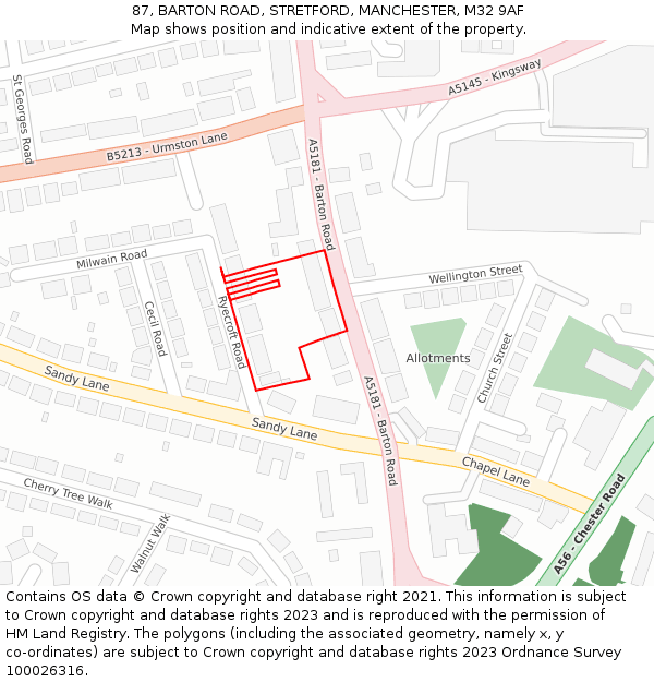 87, BARTON ROAD, STRETFORD, MANCHESTER, M32 9AF: Location map and indicative extent of plot