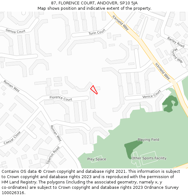 87, FLORENCE COURT, ANDOVER, SP10 5JA: Location map and indicative extent of plot