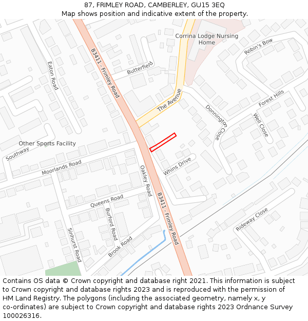 87, FRIMLEY ROAD, CAMBERLEY, GU15 3EQ: Location map and indicative extent of plot