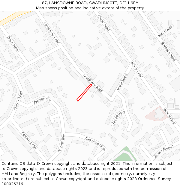 87, LANSDOWNE ROAD, SWADLINCOTE, DE11 9EA: Location map and indicative extent of plot