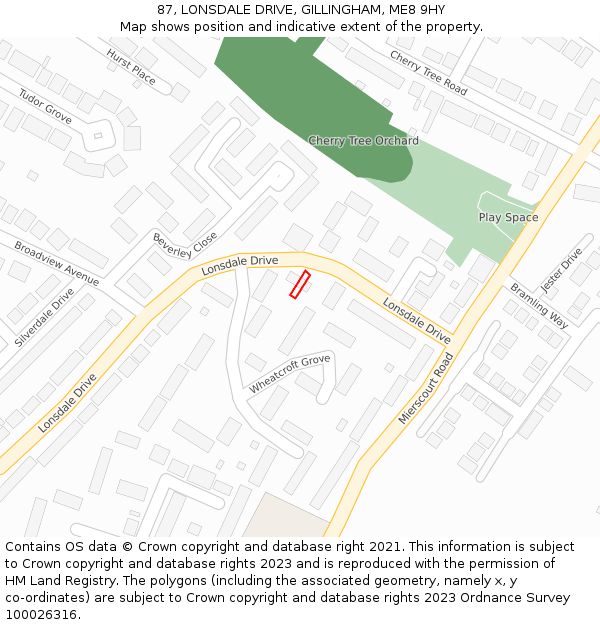 87, LONSDALE DRIVE, GILLINGHAM, ME8 9HY: Location map and indicative extent of plot