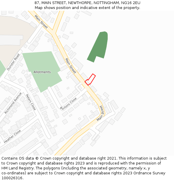 87, MAIN STREET, NEWTHORPE, NOTTINGHAM, NG16 2EU: Location map and indicative extent of plot