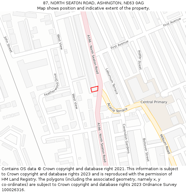 87, NORTH SEATON ROAD, ASHINGTON, NE63 0AG: Location map and indicative extent of plot