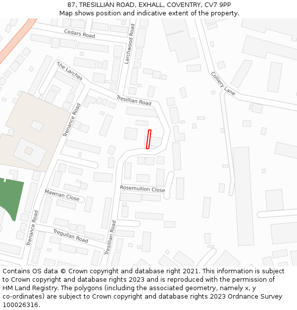 87, TRESILLIAN ROAD, EXHALL, COVENTRY, CV7 9PP: Location map and indicative extent of plot