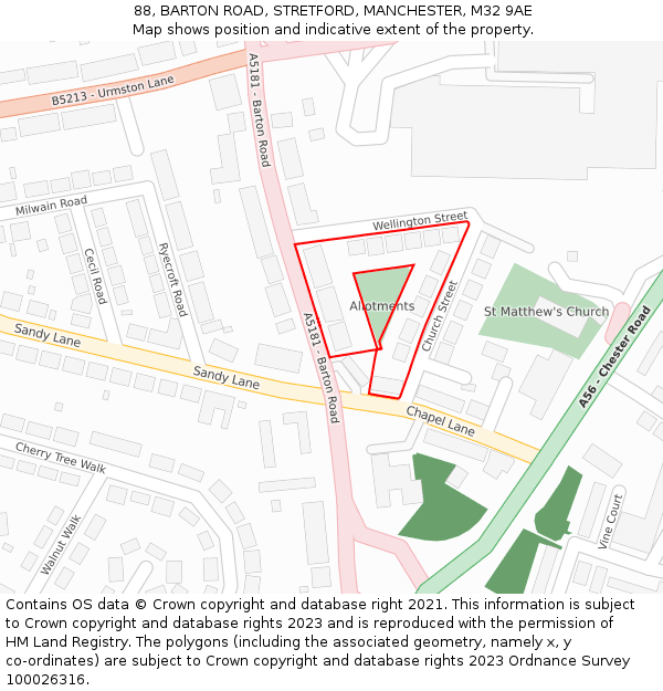 88, BARTON ROAD, STRETFORD, MANCHESTER, M32 9AE: Location map and indicative extent of plot