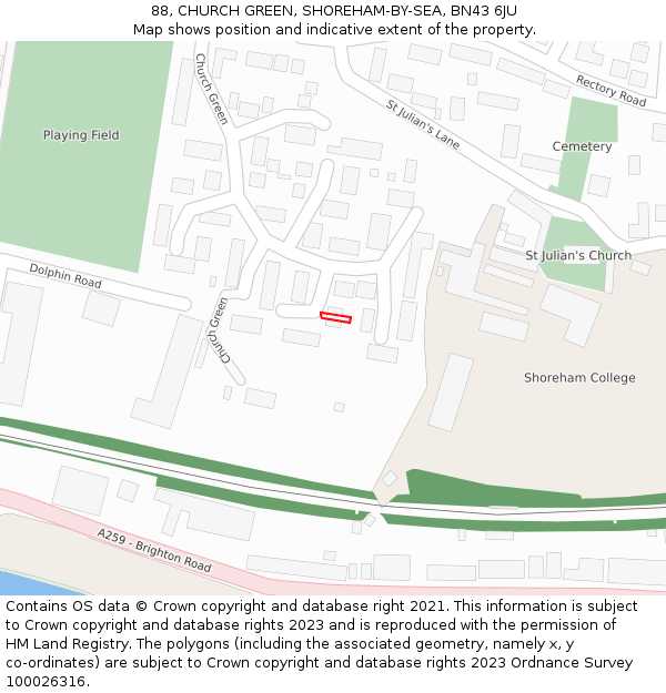 88, CHURCH GREEN, SHOREHAM-BY-SEA, BN43 6JU: Location map and indicative extent of plot