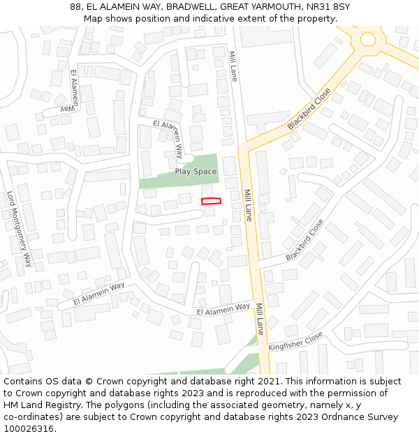 88, EL ALAMEIN WAY, BRADWELL, GREAT YARMOUTH, NR31 8SY: Location map and indicative extent of plot