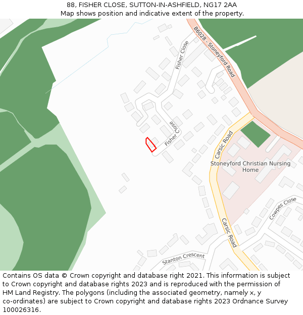 88, FISHER CLOSE, SUTTON-IN-ASHFIELD, NG17 2AA: Location map and indicative extent of plot