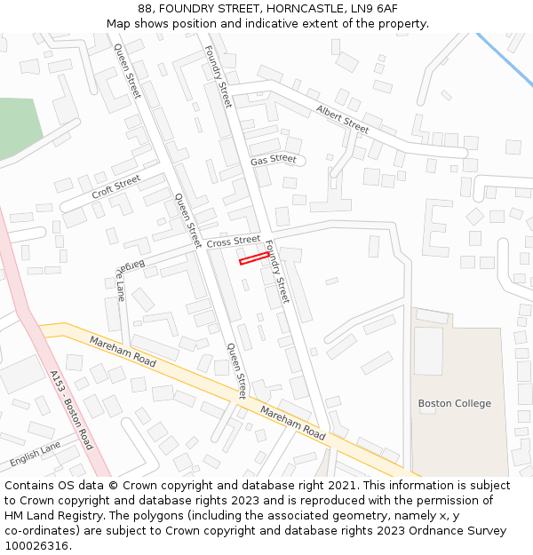88, FOUNDRY STREET, HORNCASTLE, LN9 6AF: Location map and indicative extent of plot
