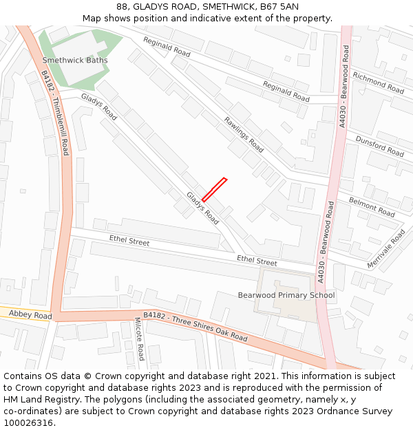88, GLADYS ROAD, SMETHWICK, B67 5AN: Location map and indicative extent of plot