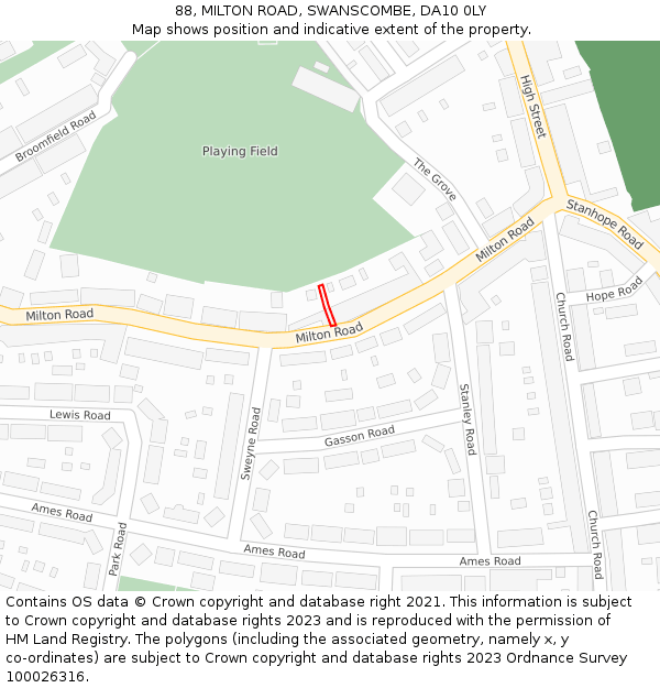 88, MILTON ROAD, SWANSCOMBE, DA10 0LY: Location map and indicative extent of plot