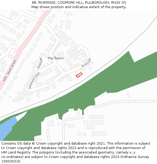 88, RIVERSIDE, CODMORE HILL, PULBOROUGH, RH20 1FJ: Location map and indicative extent of plot